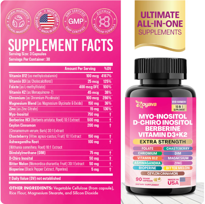 Suplemento para las hormonas-Myo-Inositol + D-Chiro Inositol + Berberina + Vitamina D3 + K2 – 90 Cápsulas